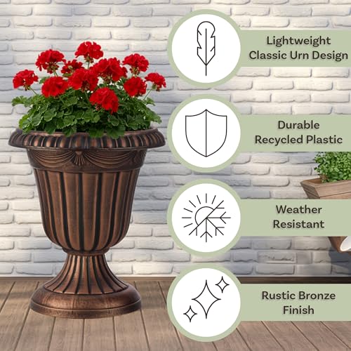 Outdoor Planter 2-Pack - 16x18-Inch Urn Planters for Front Porch Decor, Indoors, Patio or Entryway - Plastic Plant Pots - Large Decorative Flower Pots by Pure Garden (Rustic Bronze) - color: Rustic Bronze