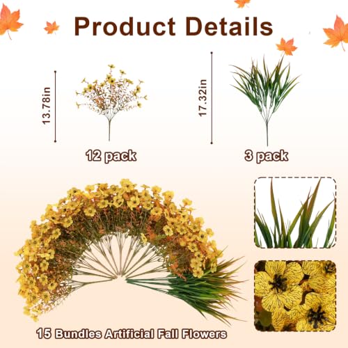 15 Bundles Artificial Fall Flowers UV Resistant Outdoor Decor - color: Yellow