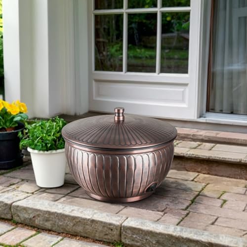 Monarch Abode Garden Hose Holder with Lid – Decorative Water Hose Holders for Outside, Arch Embossed Metal Antique Copper Pot with Drainage, 100ft Waterhose Holder for Outside, Garden Storage Caddy - color: Antique Copper Finish