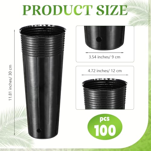 100 Pack Tall Tree Pot 11.8'' x 4.7'', Black Plastic Deep Nursery Pots, Soft Deep Seedling Pots for Seed Starting, Plant Starter Cups with Drainage Holes for Flowers, Cutting & Transplanting - size: 11.8'' X 4.7''