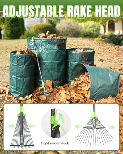 63.4 Inch Adjustable 18 Tines Metal Leaf Rake Set with 40 Gal Dustpan Bags - style: Green Rake Set