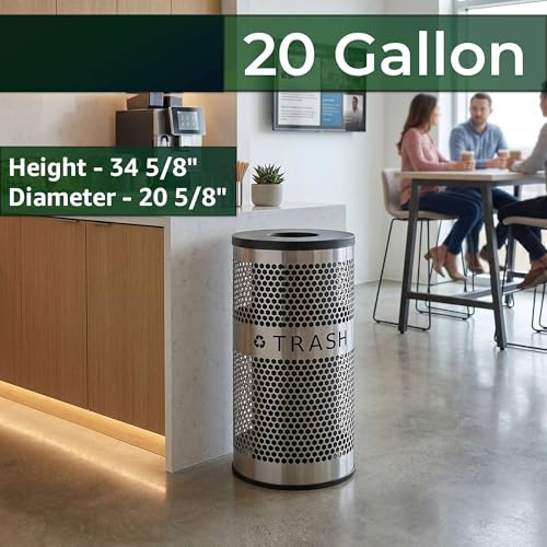 20 Gallon Stainless Steel Trash Can - Round Perforated Commercial Waste Receptacle with Open Top Lid, Rigid Plastic Liner, and Rubber Base for Offices, Lobbies, and Retail Stores - size: Trash Can