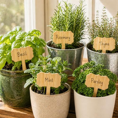 60pcs Bamboo Plant Labels for Garden, T-Type Bamboo Plant Tags for Seedlings, Herbs, Vegetables, Outdoor Plant Markers with Black Marker Pen (3.9" x 2.36")