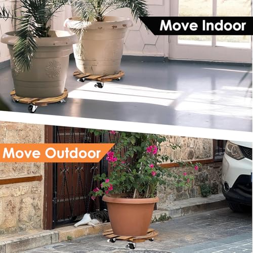 2 Pack Wood Plant Caddy, 12 inch Plant Stand with Sliding Wheels, Indoor Outdoor Rolling Plant Stand for Large Planters, Flower Pot
