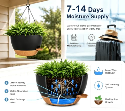 12" Self Watering Hanging Planters with Chains, Black Brown,2 Pack - color: Black Brown, size: 2 pack 12 inches