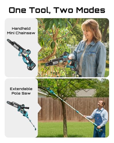 SEESII 10-Inch 2-in-1 Cordless Pole Saw & Mini Chainsaw,2 x 4.0Ah Batteries - color: Blue