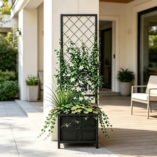 Zhongma 15.75 x 15.75 x 55 in Raised Garden Bed with Trellis,Heavy Duty Plant Box for Climbing Plants with Drainage Hole, Metal Lattice Planter Gardon Box with Inner Fabric Liners. - size: 15.75 x 15.75 x 55 in