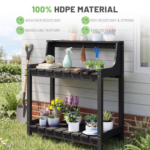 Outdoor HDPE Garden Potting Bench Weatherproof Potting Table Outside - color: Black
