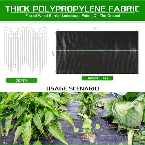 4FT x 50FT Weed Barrier Landscape Fabric Heavy Duty, 3.2oz Premium Gardening Weed Control Mat with 20 U-Shaped Securing Pegs, Ground Cover for Garden Beds, Farming, Underlayment, Commercial Driveway - size: 3.2OZ-4X50FT+20 Pegs