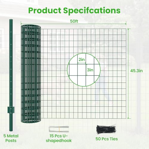 DoCred Welded Wire Fence 45.3inx 50ft, PVC Anti-Rust Coated Metal Wire Mesh - color: Green, size: 45.3Inch x 50FT