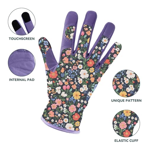Gardening Gloves for Women, Touchscreen Printed Thorn-Proof - color: Purple 1, size: Large