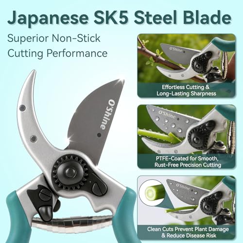 O'Shine 8.5" Premium Bypass Pruning Shears - Heavy Duty Garden Shears