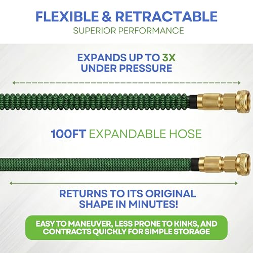J&B XpandaHose 100ft Expandable Garden Hose, Lightweight, Brass Connectors - color: Green/Black, size: 100ft