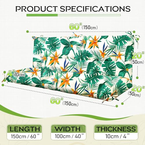 Oxford Fabric Swing Cushions with Backrest & Tie Straps for Patio Bench - color: Monstera Green