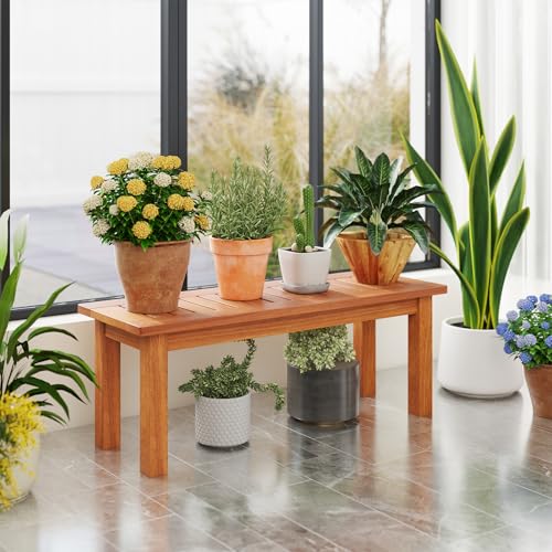Tangkula Wooden Plant Stand, Outdoor Indoor Solid Wood Flower Pot Holder Display Shelf with Teak Oil Finish, Slatted Top, Rustic Plant Rack for Patio Garden Entryway Porch - size: 34" x 12" x 13"
