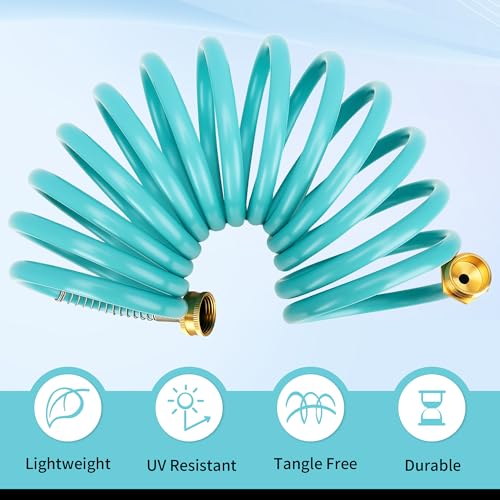 AUTOMAN Recoil Garden Water Hose 15 ft, EVA Curly Water Hose with Brass Connectors,Garden Hose Coil,Includes 7-Pattern Function Sprayer,Retractable,Corrosion Resistant Garden Coil Hose. - color: Turquoise, size: 15 ft