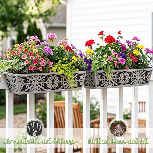 6 Pack 24 Inch Window Boxes Planter for Outdoor Plants Deck Railing Planters Box with Adjustable Brackets for Porch Fence Balcony Hanging Flower Baskets with Non-Woven Fabric Liner for Garden Decor - size: 24 Inch - 6 Pack