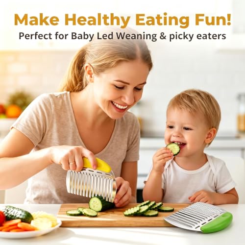 Crinkle Cutter French Fry Cutter, 2 Pack Stainless Steel Wavy Potato Slicer - color: Yellow & Green