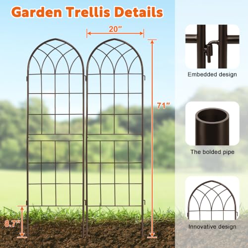 LZRS 71 x 40in Rustic Iron Arch Decoration Garden Trellis with Metal Coating – Perfect for Supporting Climbing Plants Outdoor, Roses, Vines, Flowers, and Vegetables, Brown - color: Brown, size: 71"H x 40"W