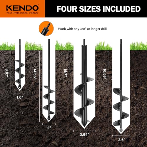 KENDO Auger Drill Bit for Planting Set of 4, Garden Ground Earth Spiral Drill Bits and Bulb Planter Tool for 3/8" Hex Drive Drill, for Post Hole Digger, Bulb Bedding Digging, Plant Rapid Planter - style: 4 Pack