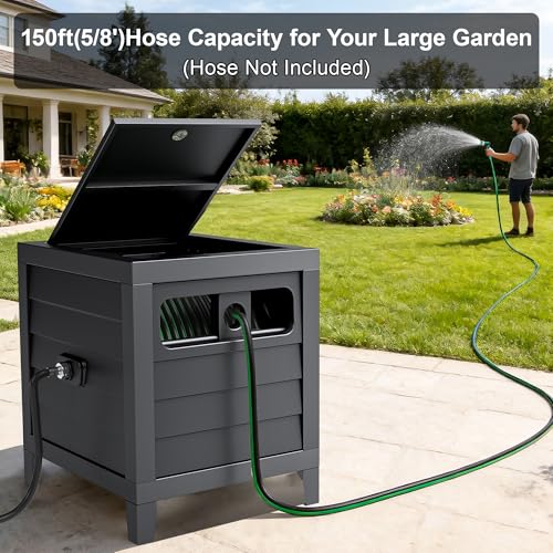 Metal Garden Hose Reel Box, Heavy Duty 150Ft 5/8" Large Capacity Hose Storage Deck Box with Hose Guide, 6Ft Leader Hose, Leak-Proof Aluminum Water Connection, Manual Crank Handle (Dark Brown)
