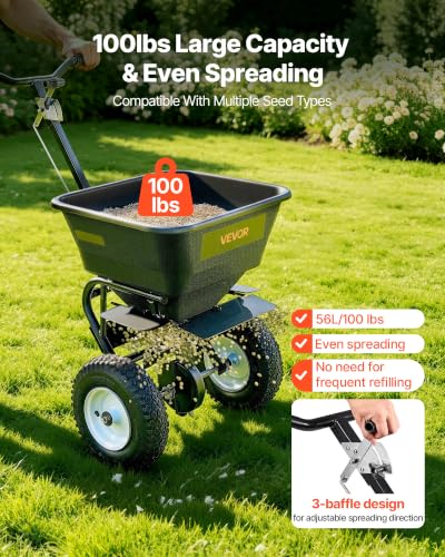 VEVOR Compost Spreader, 24 in Wide Peat Moss Spreader with Push/Tow Handle, 4 Heights Adjustable, Powder-Coated Steel Garden Peat Moss Roller, Heavy Duty Grass Seed Spreaders for Planting Seeding