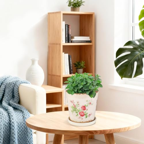 Ceramic Flower Pots for Indoor Plant with Drainage Hole & Saucer - color: Pink Floral