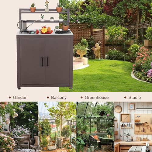 Feasto Outdoor Potting Bench with Storage Cabinet Stainless Steel Tabletop - color: Brown