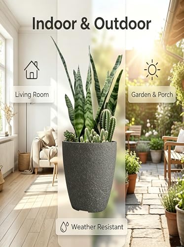 10 inch Garden Planter Lightweight Indoor Outdoor Pots with Drainage Hole for Potted Plants Flowers Greenery, Set of 2 (Speckled Grey) - color: Speckled Grey