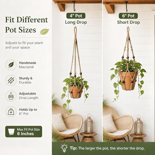 Macrame Plant Hanger Indoor, 23" No Tassel Hanging Plant Holder, Sturdy Flower Pot Holder with Hooks - Brown (Pot NOT Included) - color: Brown, size: 23"-1pc