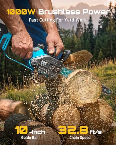 SEESII 10-Inch Cordless Mini Chainsaw, Electric Saw with Brushless Motor - color: Deep Blue