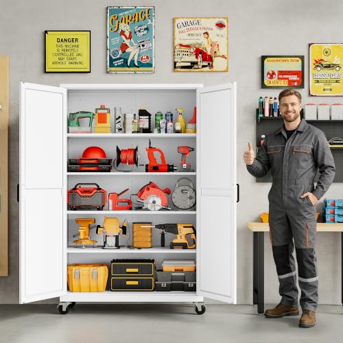 SISESOL Wide & Deep Metal Storage Cabinet with Wheels,Tall Rolling Garage Storage Cabinet with Doors,White Metal Cabinets and Adjustable Shelves,Tool Locker for Garage,Home,Office,43''Wx 20''Dx71 H - color: White, size: 71"H x 43.3"W x 20"D