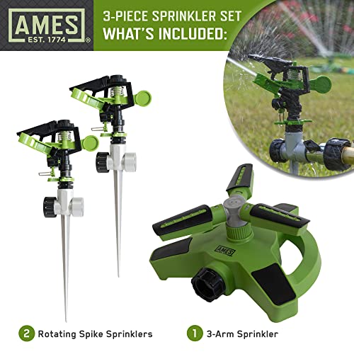 AMES (3) Piece Sprinkler Set with (2) Pulsating Spike Style and (1) 3 Arm Rotating Sprinkler System for Lawn, Garden or Yard, 360 Degree Watering, Adjustable, Easy Hose Connections - style: Sprinkler Set