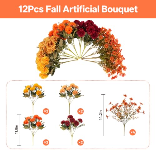 12 PCS Artificial Fall Flowers for Outdoors, UV Resistant Fake Mums