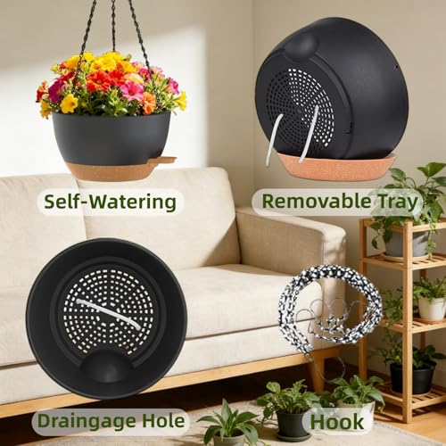 3 Pack Hanging Planters for Indoor Outdoor Plants, 10 Inch Self Watering Hanging Pots for Plants, Plastic Hanging Flower Baskets for Plants Hanger with Drainage and Tray, Chain (Black Brown)