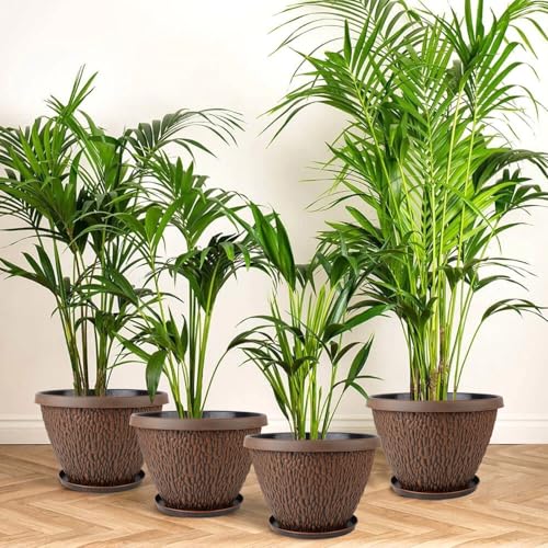 Nooulap Flower Pots Outdoor, 10 Inch Plant Pot, 4 Pack, Brown - color: Pebbles Pattern, size: 10 inch