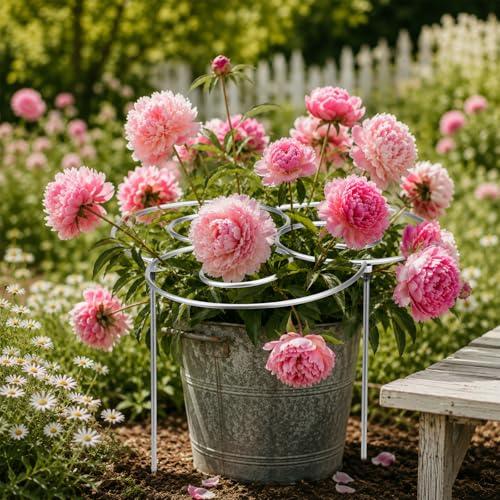 Metal Plant Support Ring for Garden, Heavy Duty Peony & Dahlia Cages and Supports Spiral Flower Support Stake Ring for Indoor Outdoor Potted Flowers (Small)
