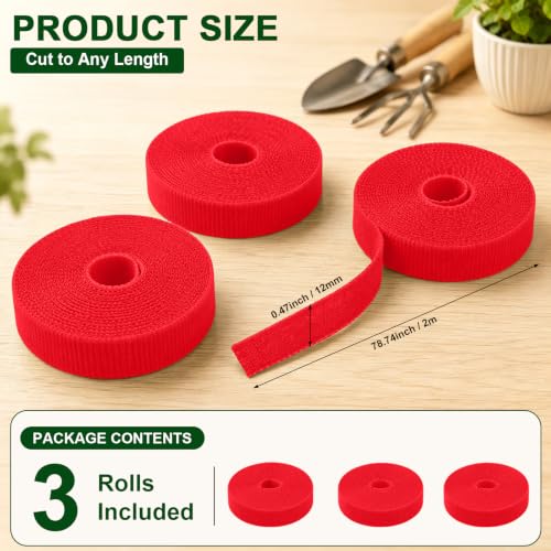 3 Rolls Plant Ties, 10mm Reusable Hook and Loop Garden Tape Roll, Adjustable Plant Support Straps for Climbing Plants, Tomato Vines, Flowers and Garden Organization, Green, 6.56ft - color: Red, size: 2M