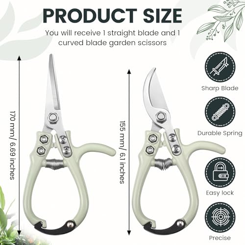 Plant Scissors with Lock 2 Pack, 6'' Bypass Hand Pruner & 6.7" Precision Garden Scissors Rust Resistant Hand Sprout Pruning Shears Gardening Tools for Herbs, Plants