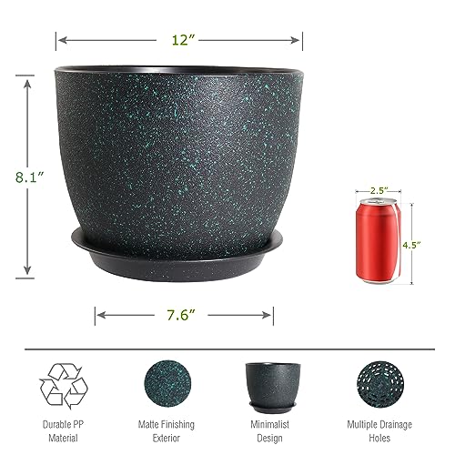 UOUZ 12inch Large Plant Pot, Modern Plastic Planter with High Driange Holes and Saucer for Indoor Outdoor Garden Plants and Flowers, Black with Green Speckles - color: Black With Green Speckles