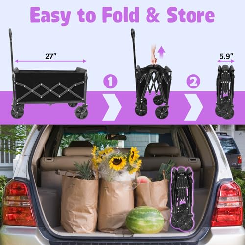 Wagon Cart Foldable,360Lbs Collapsible Wagon Cart with Wheels Portable, All Terrain Outdoor Utility Carts for Groceries, Camping, Sports, Garden, Shopping, Black - color: Light Black-360lbs