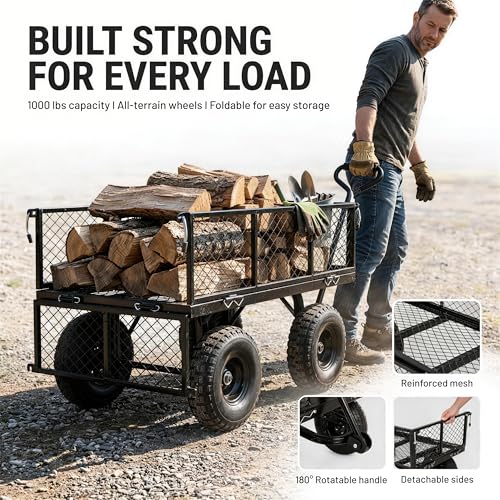 Finnhomy Heavy Duty 1000 Lbs Capacity Mesh Steel Garden Cart, Pullable Garden Wagons Carts on Wheels, Folding Utility Wagon with Removable Sides for Outdoor, Yard, Lawn, Black - color: Black