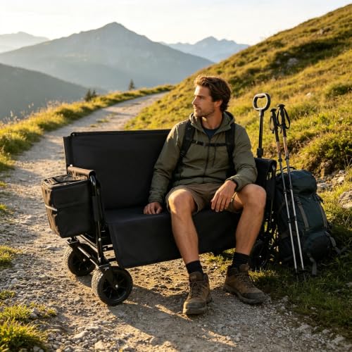Collapsible Beach Wagon Cart - with Bench Seat & Ice Pack 500 lbs - color: Black, size: 7"
