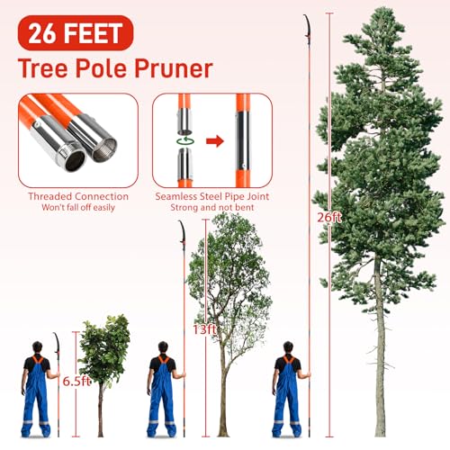 VINGLI 26FT Manual Pole Saw for Tree Trimming, Extendable Tree Pruner, Sharp Steel Blade and Scissors, High Tree Branch Cutter with Lightweight 8 Fiberglass Long Handles, for Pruning Palms and Shrubs - color: Orange, size: 26ft