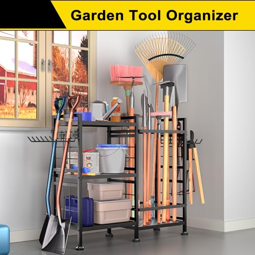 GIOTORENT 6 Tier Garden Tool Organizer, Garage Storage and Organization, Metal Yard Tools Storage Rack, Heavy Duty Garden Tool Organizer for Garage, Yard, Patio, Shed, Indoors and Outdoors, Black - size: 33.6x 12.8 x 30.3