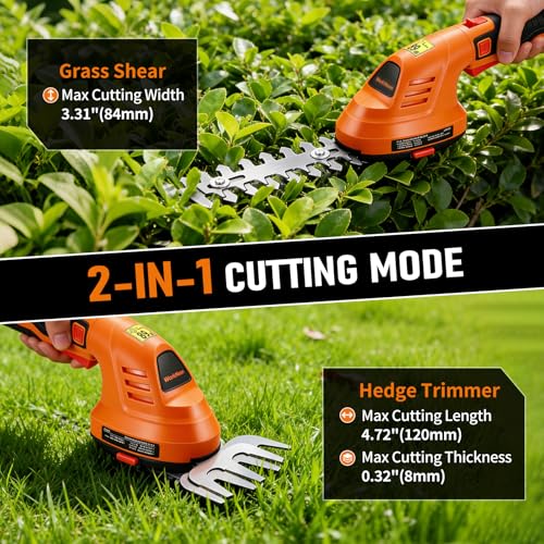 Electric Hedge Trimmer Cordless, 2-in-1 Lightweight Handheld Grass Trimmer Hedge Shears/Cutter, 8V Battery Powered Rechargeable Garden Tool for Yard, Lawn
