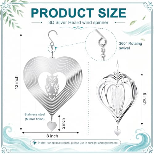2 Pcs Owl Bird Deterrents for Outside 8" Stainless Steel 3D Reflective Bird Scare Devices Wind Spinners Heart Shape Pigeon Deterrent Reflectors for Outdoor Patio Yard Farm Decor Gifts Women