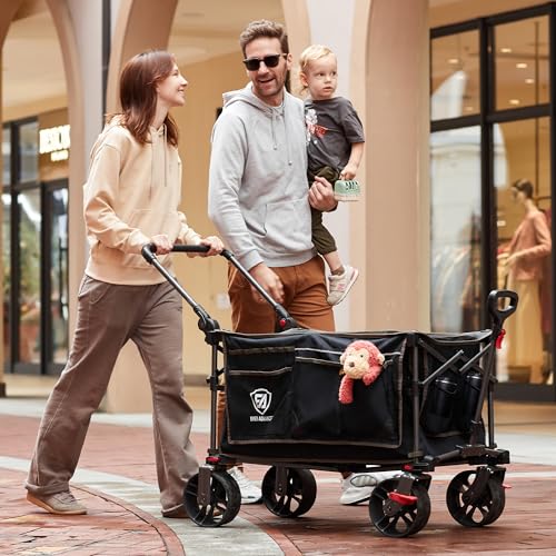 EVER ADVANCED Folding Push Wagon with Brakes, Portable Shopping Cart - color: Black