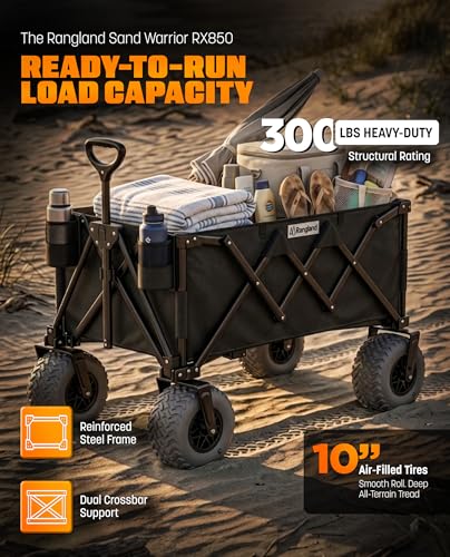 Beach Wagon with Heavy-Duty 10" Air Tires - All Terrain Folding Cart with Big Wheels for Sand and Gravel - 300 LB. Capacity (Black) - color: Black