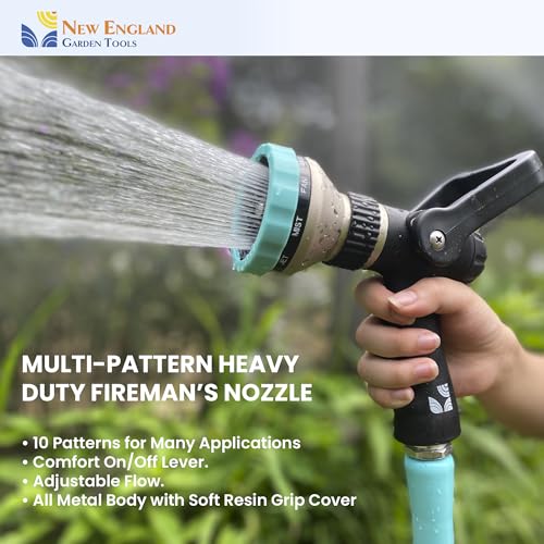 Heavy Duty Metal Fireman’s Hose Nozzle 500003, 10-Pattern Hose Sprayer with Lever Control & Comfort Grip, High Flow Design, by New England Garden Tools, for Watering Plants, Yards, Washing Cars & Pets